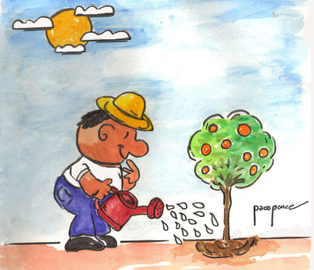 Regando las plantas - Dibujo acuarela de Paco Ponce