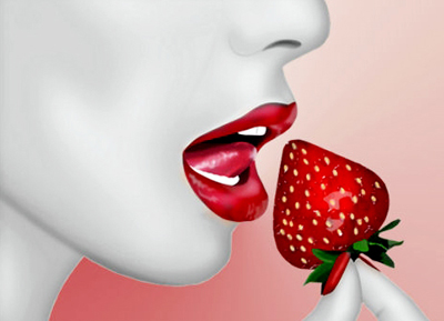 Fresa roja, rojos labios de mujer.